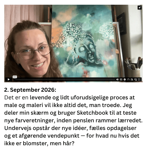 Det er en levende og lidt uforudsigelige proces at male og maleri vil ikke altid det, man troede. Jeg deler min sk&aelig;rm og bruger Sketchbook til at teste nye farveretninger, inden penslen rammer l&aelig;rredet. Undervejs opst&aring;r der nye id&eacute;er, f&aelig;lles opdagelser og et afg&oslash;rende vendepunkt &mdash; for hvad nu hvis det ikke er blomster, men h&aring;r?
